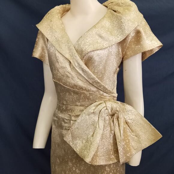 Vintage Couture Gold Brocade Cocktail Dress Cream M Bow Pouf Collar Short Sleeve - Picture 5 of 10